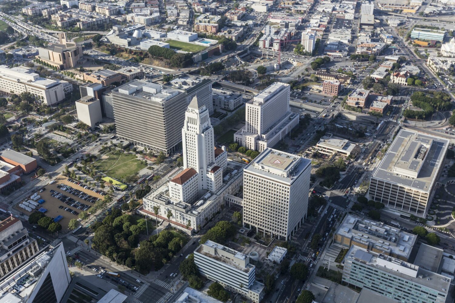 Birds eye view of civic buildings in a city