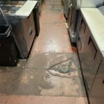 close up of damaged epoxy kitchen floor