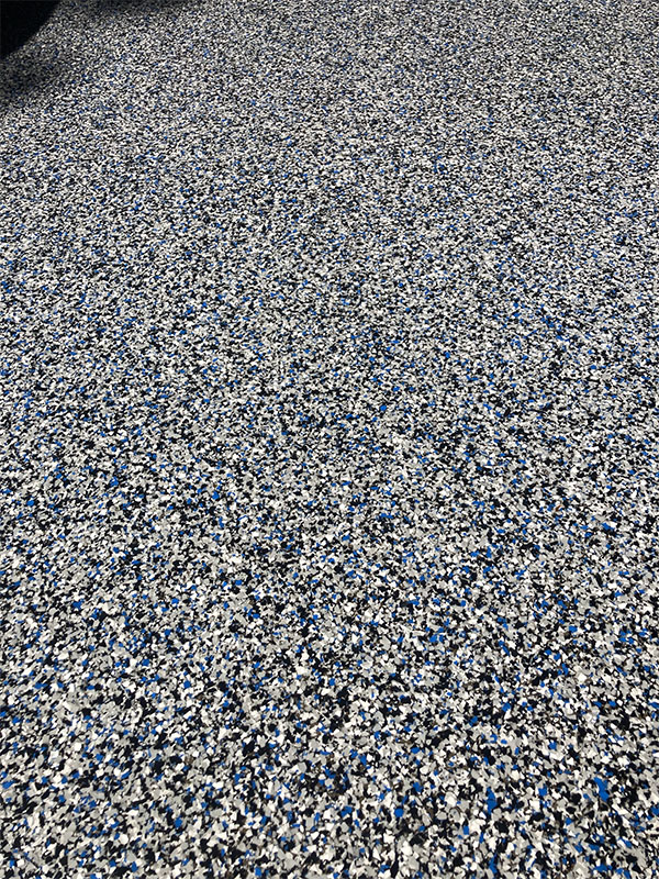 blue gray white and black epoxy flake floor